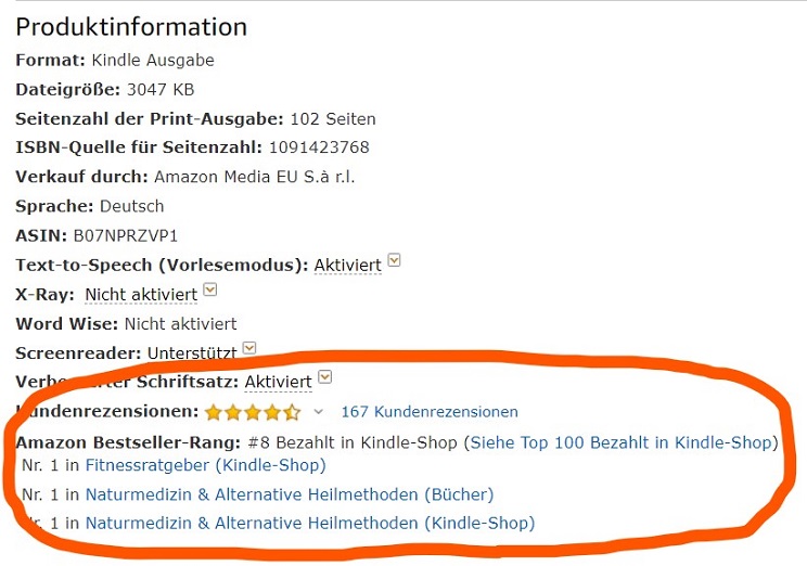 Produktinformationen eines Amazon Kindle Bestsellers.